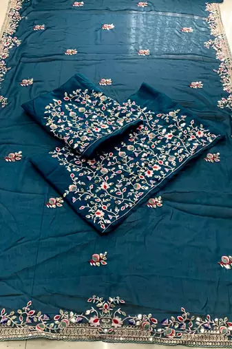 Teal blue Party Wear Rangoli art Silk Saree