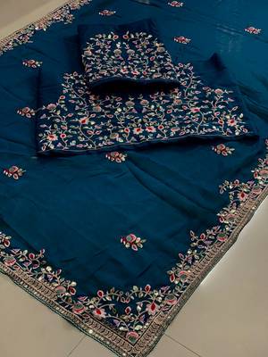 Teal blue Party Wear Rangoli art Silk Saree 4