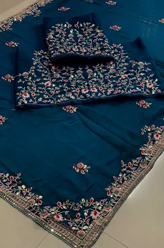 Teal blue Party Wear Rangoli art Silk Saree