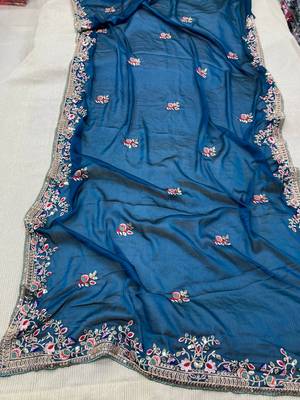 Teal blue Party Wear Rangoli art Silk Saree 5