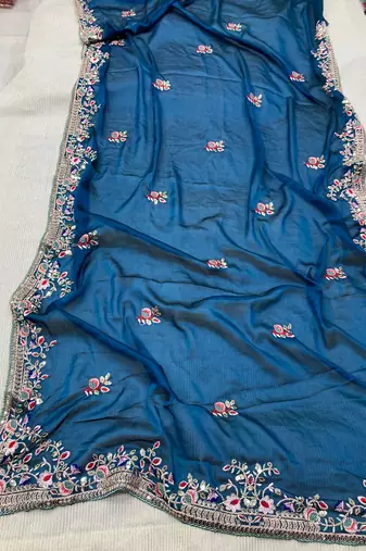 Teal blue Party Wear Rangoli art Silk Saree