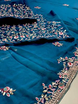 Teal blue Party Wear Rangoli art Silk Saree 6