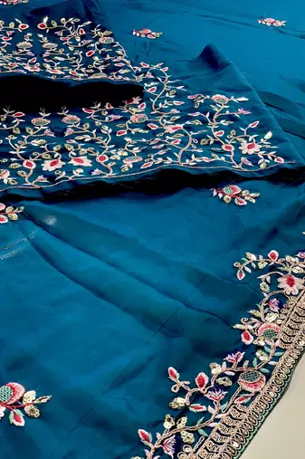 Teal blue Party Wear Rangoli art Silk Saree