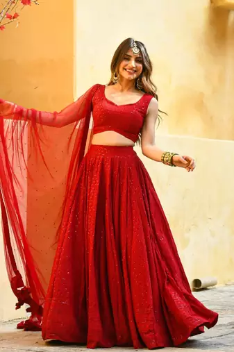 Red Chikankari Embroidered sequin Work Lehenga Choli with Dupatta 
