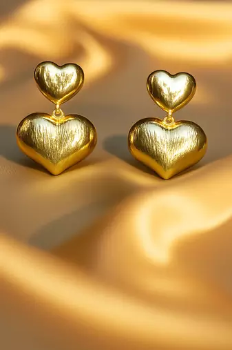 Golden glamour anti-tarnish premium heart drop earrings – luxurious dual heart design