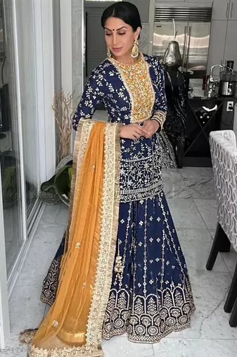 Navy Blue Georgette Heavy Sequins Work Kurta & Dupatta set
