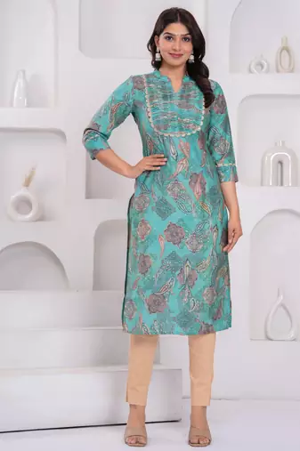 Turquoise blue ethnic printed  straight kurta