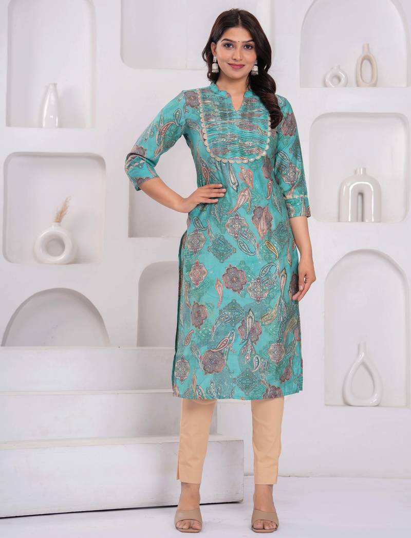 Turquoise blue ethnic printed  straight kurta