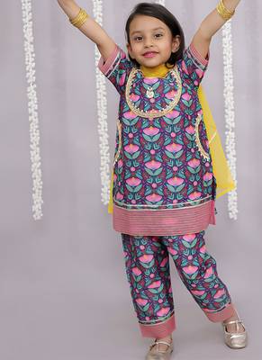 Blue printed cotton silk kurta set 1
