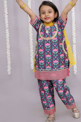 Blue printed cotton silk kurta set