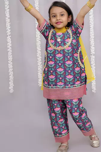 Blue printed cotton silk kurta set