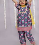 Blue printed cotton silk kurta set