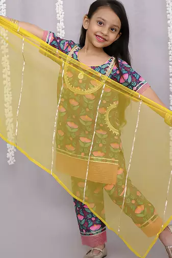 Blue printed cotton silk kurta set