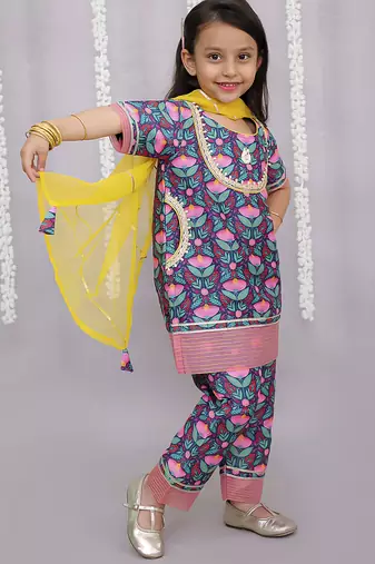Blue printed cotton silk kurta set