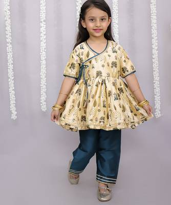 Gold printed cotton silk kurta set 1