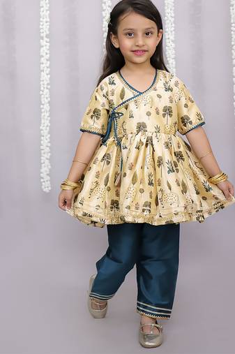 Gold printed cotton silk kurta set