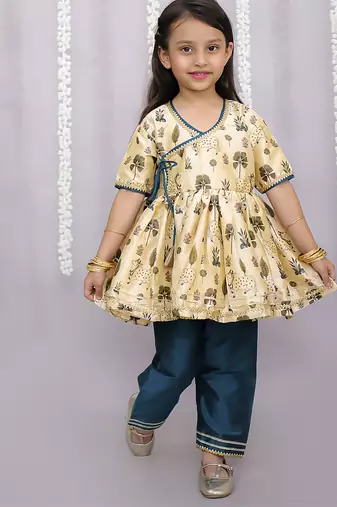 Gold printed cotton silk kurta set