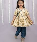 Gold printed cotton silk kurta set