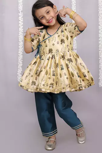 Gold printed cotton silk kurta set