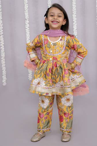 Yellow printed cotton silk kurta set
