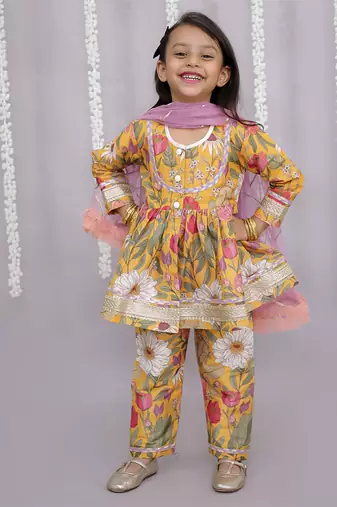 Yellow printed cotton silk kurta set