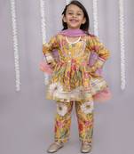 Yellow printed cotton silk kurta set