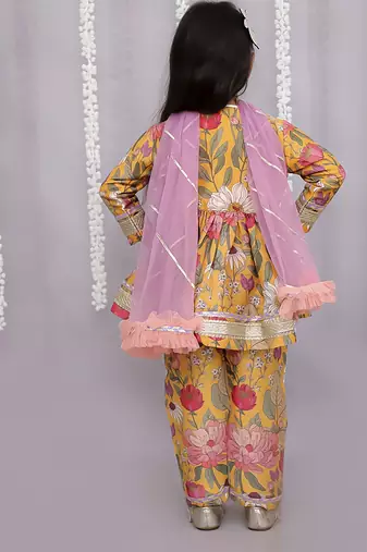 Yellow printed cotton silk kurta set