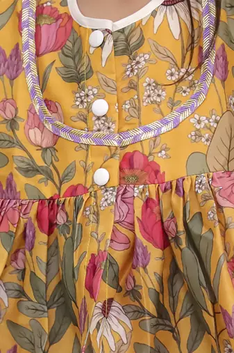 Yellow printed cotton silk kurta set