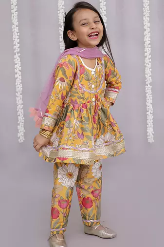 Yellow printed cotton silk kurta set