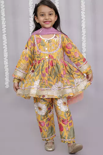 Yellow printed cotton silk kurta set