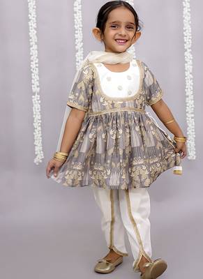 Grey printed cotton silk kurta set 1