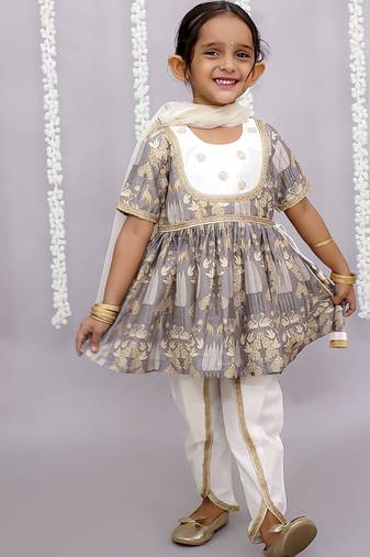 Grey printed cotton silk kurta set