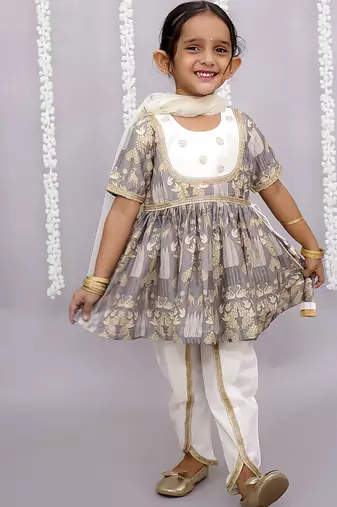 Grey printed cotton silk kurta set