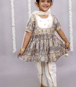 Grey printed cotton silk kurta set