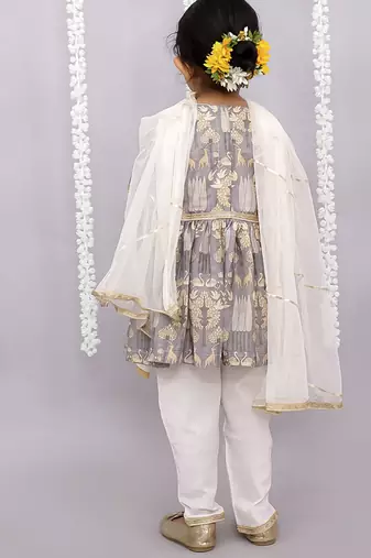 Grey printed cotton silk kurta set