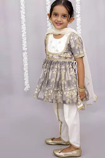 Grey printed cotton silk kurta set
