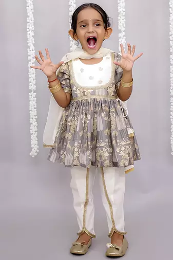 Grey printed cotton silk kurta set