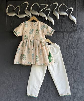 Beige printed cotton kurta with pant 2
