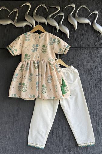 Beige printed cotton kurta with pant