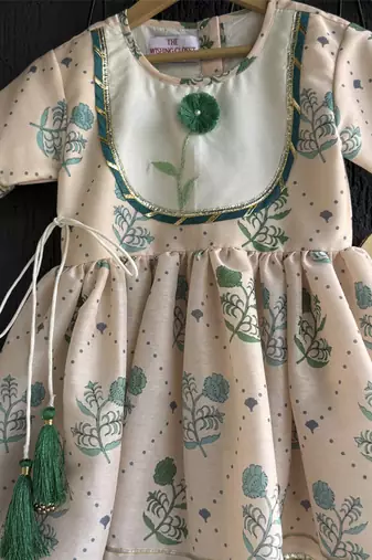 Beige printed cotton kurta with pant