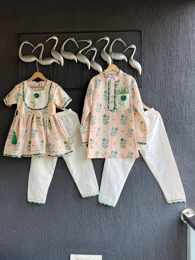 Beige printed cotton kurta with pant