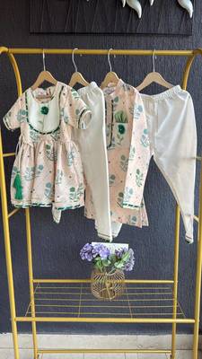 Beige printed cotton kurta with pant 5
