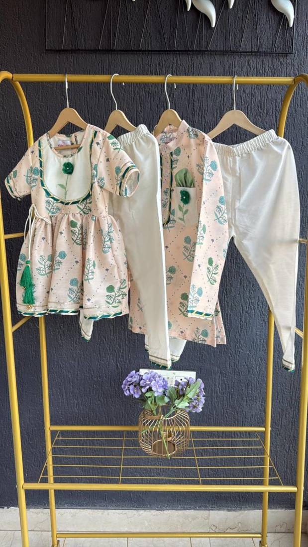 Beige printed cotton kurta with pant