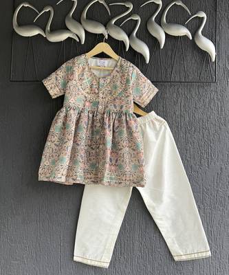Beige printed cotton silk kurta with pant 1