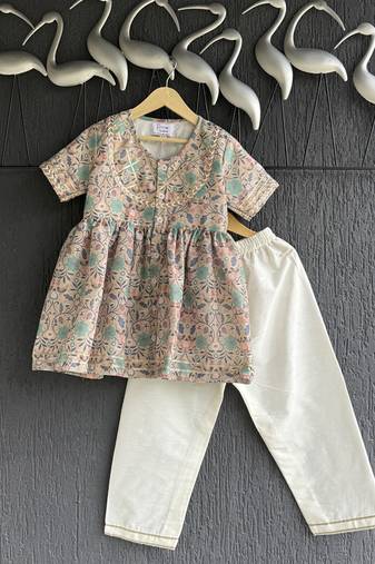 Beige printed cotton silk kurta with pant