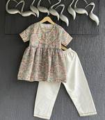 Beige printed cotton silk kurta with pant