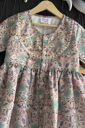 Beige printed cotton silk kurta with pant