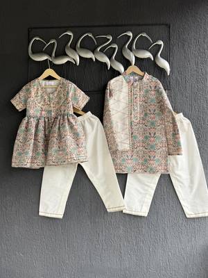 Beige printed cotton silk kurta with pant 3
