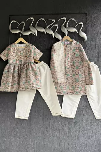 Beige printed cotton silk kurta with pant