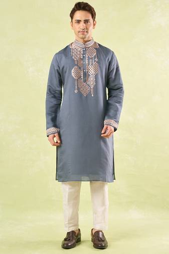 Grey embroidered cotton kurta pajama